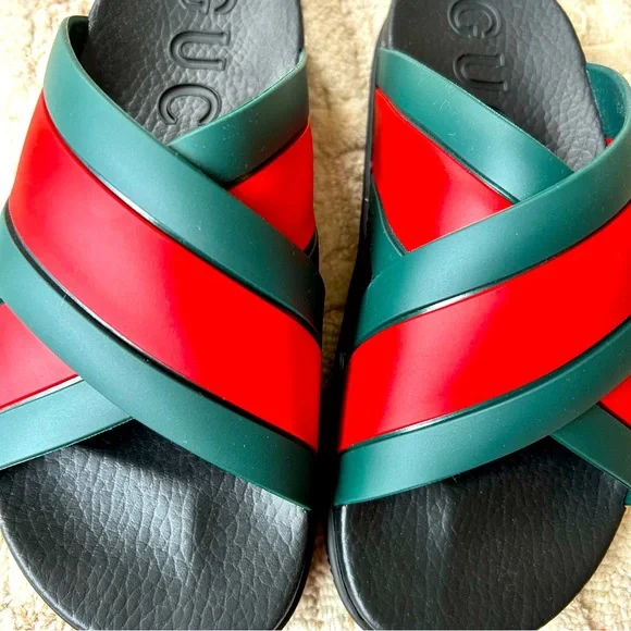 NIB Authentic Gucci Rubber Web Cross Front Slide Sandals  display picture 2